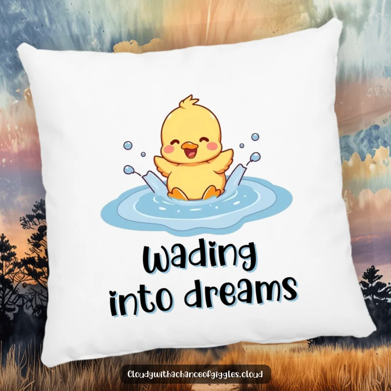 Funny duckling joyfully splashing in a cloud-shaped puddle, designed for a soft pillow, offering comfort and a cheerful, humorous aesthetic.