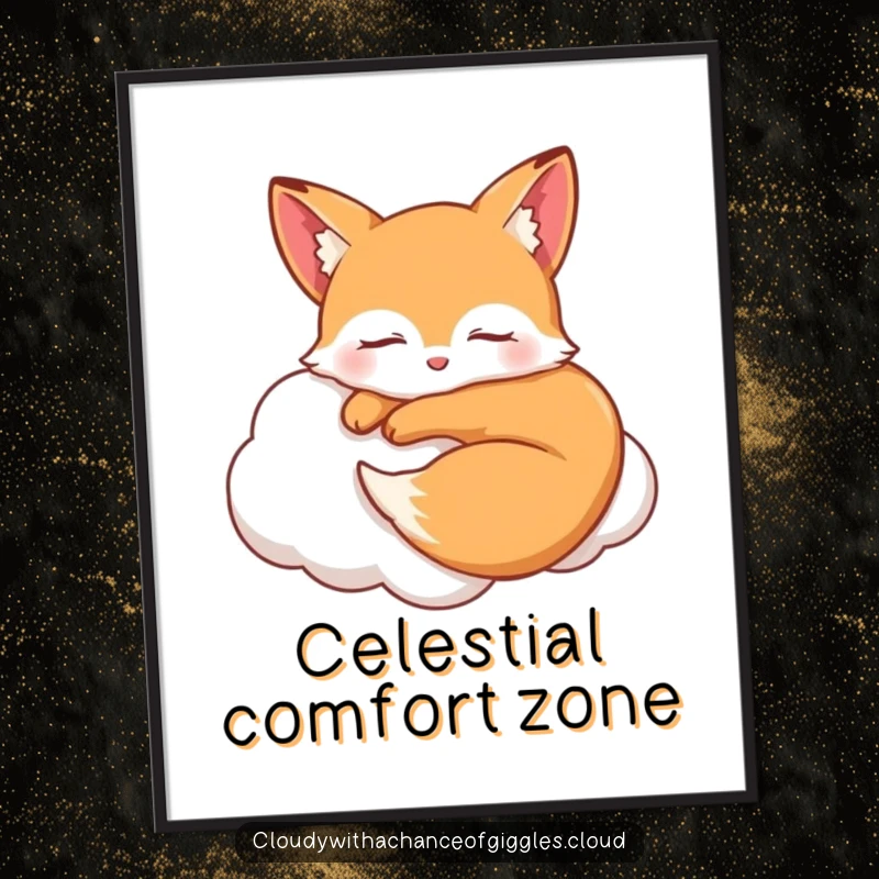 Funny sleepy fox curled up smiling on a soft cloud with closed eyes, a dreamy and humorous digital art print for instant decor.