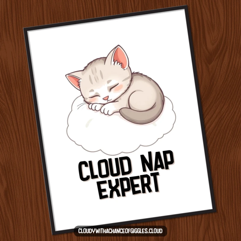 Funny Sleepy Kitten Digital Art Print: A cute kitten curled up asleep on a soft cloud, evoking tranquility.