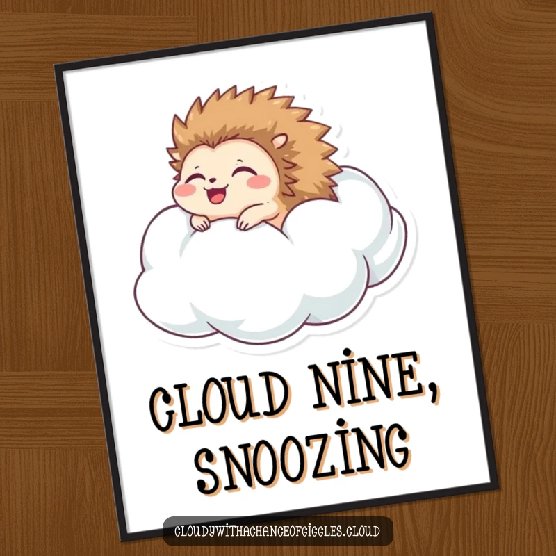 Funny hedgehog digital art print of a happy hedgehog rolling down a cloud, perfect for instant whimsical wall decor.