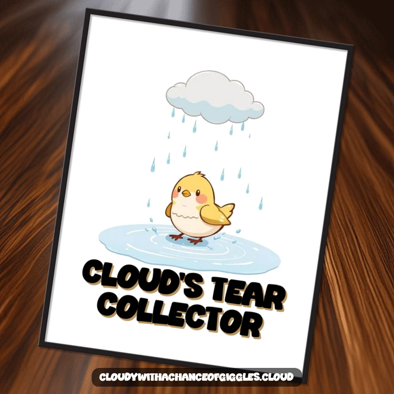 Funny bird digital art, a bird splashing in a puddle from a whimsical rain cloud, downloadable artwork for instant cheer.