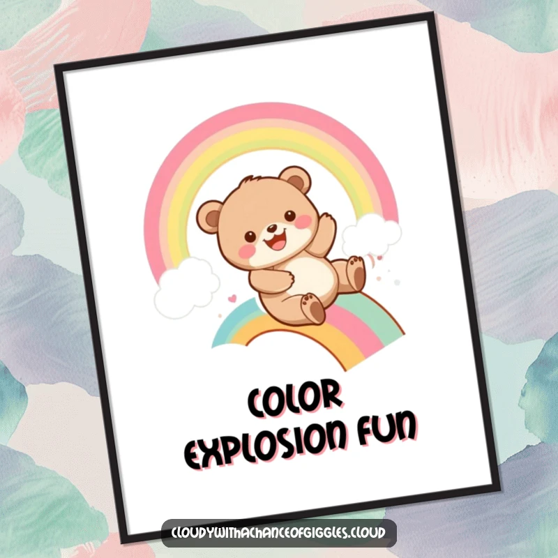 Funny bear cub sliding down a colorful rainbow with a wide grin, rendered as digital art, perfect for instant download and playful humor.
