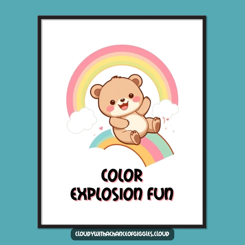 Funny Bear Cub Rainbow Slide Digital Art: Instant Playful Humor, Perfect Gift