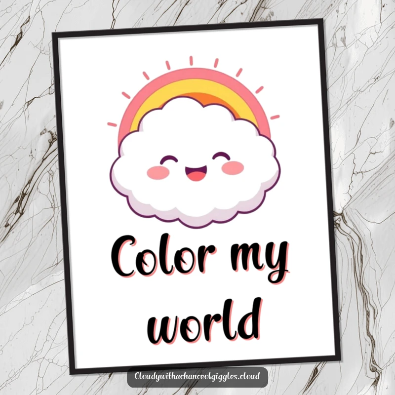 Funny digital art print featuring a smiling cloud character with a rainbow bursting from its joyful grin, offering instant humorous decor.