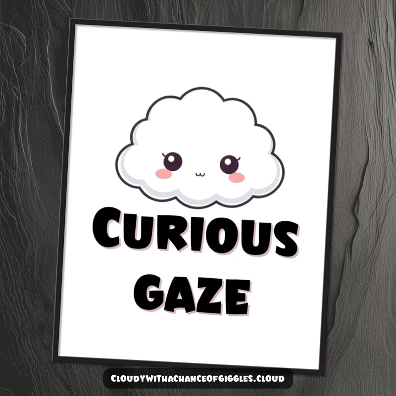 Funny cloud digital art print, a tiny cloud with big eyes peeking from behind a larger cloud, creating a whimsical scene.