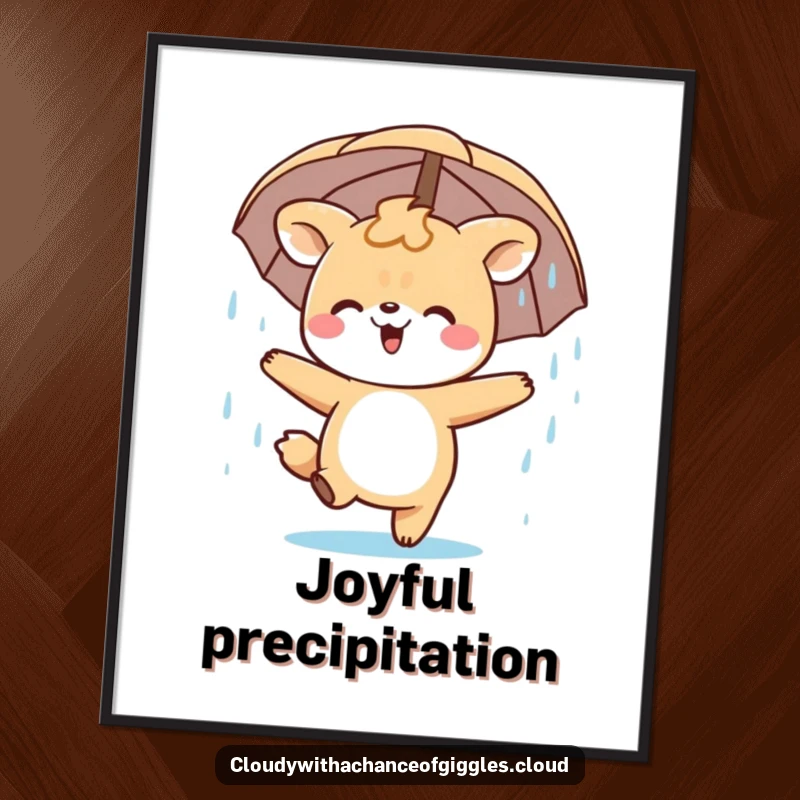 Funny Digital Art Print of a happy animal character joyfully dancing in a gentle, refreshing rain shower.