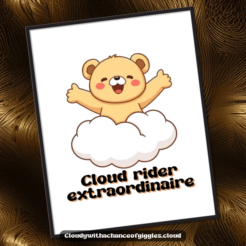 Funny bear cub joyfully riding a fluffy cloud with arms outstretched, a whimsical and humorous digital artwork ready for immediate printing.