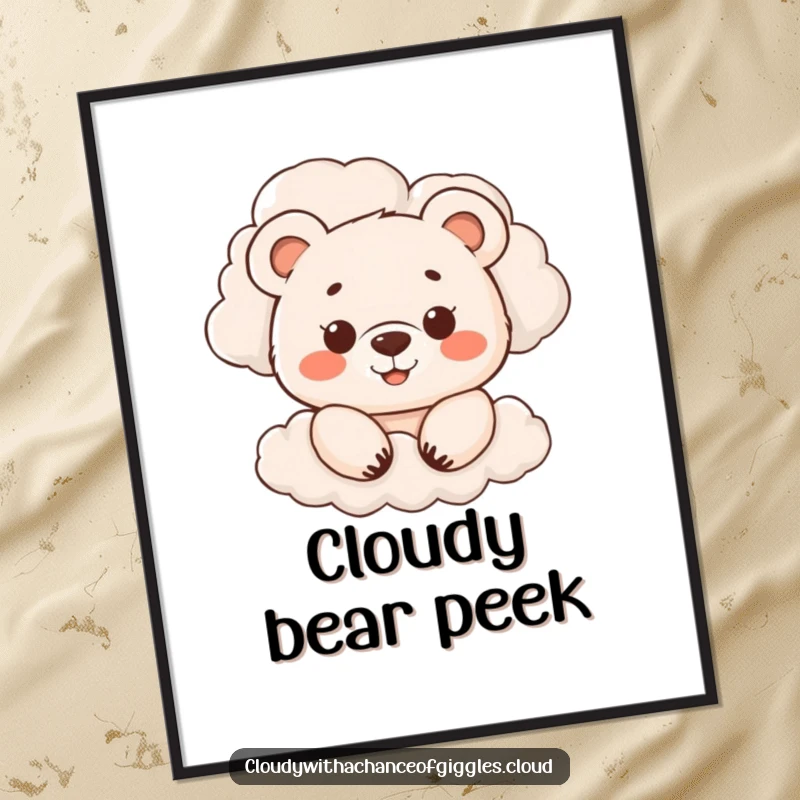 Funny digital art print of a smiling bear cub peeking from behind billowing clouds, perfect for creating a whimsical and adorable atmosphere, a funny gift.