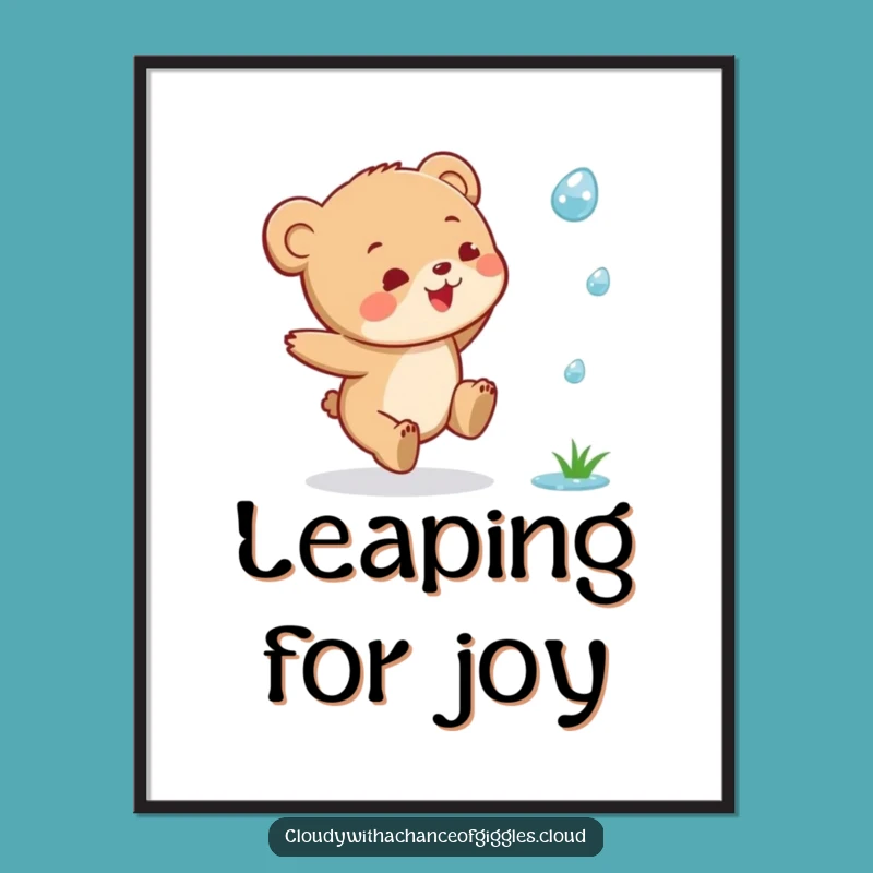 Funny Bear Cub Raindrop Digital Art: Joyful Leap Scene, Instant Funny Gift Download