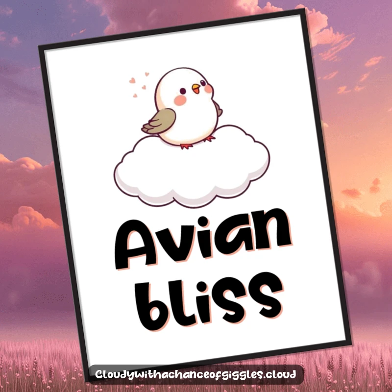 Funny tiny bird chirps on a gently drifting cloud, rendered as a serene and charming digital art print.