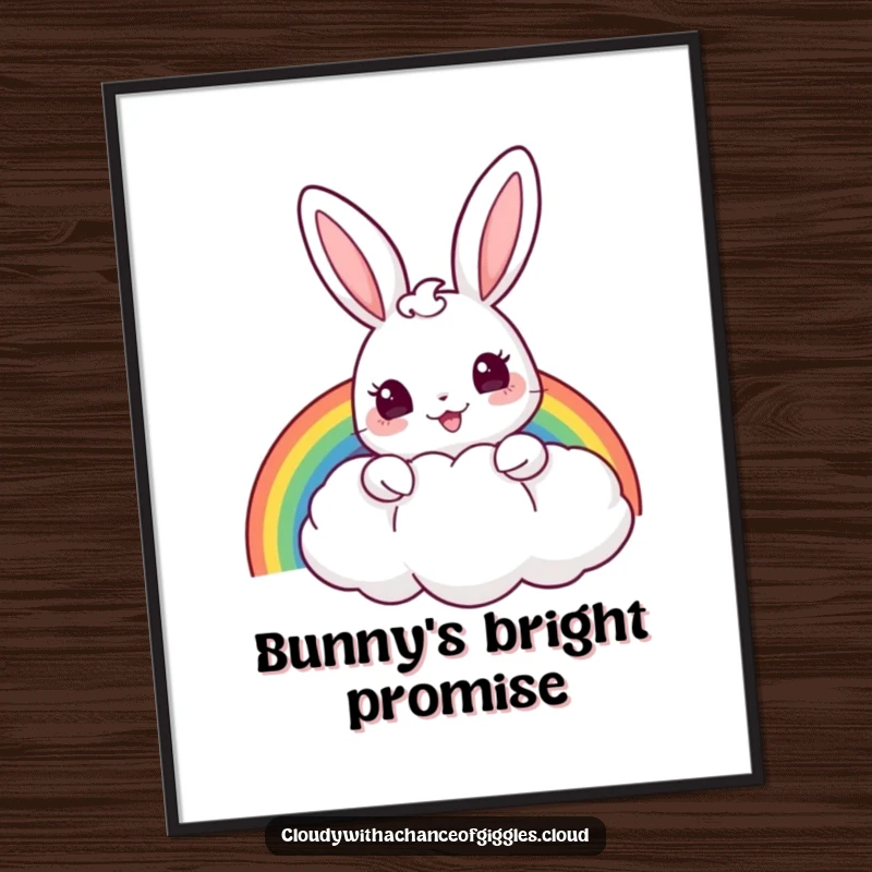 Funny digital art print of a cheerful bunny peeking from behind a puffy cloud, holding a rainbow, ready for printing.