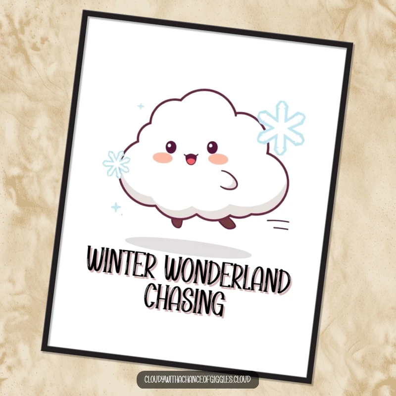 Funny digital art print of a playful cloud animal character delightedly chasing a dancing snowflake, adding winter decor.
