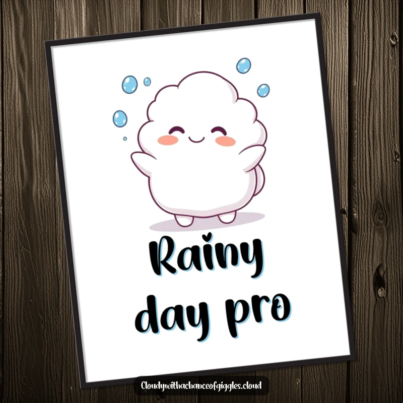 Funny digital art print of a plump cloud animal character happily juggling raindrops with a grin, adding cheerful decor.