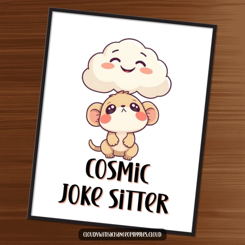 Funny Digital Art Print of a curious creature looking up at a cloud humorously shaped like a funny face.