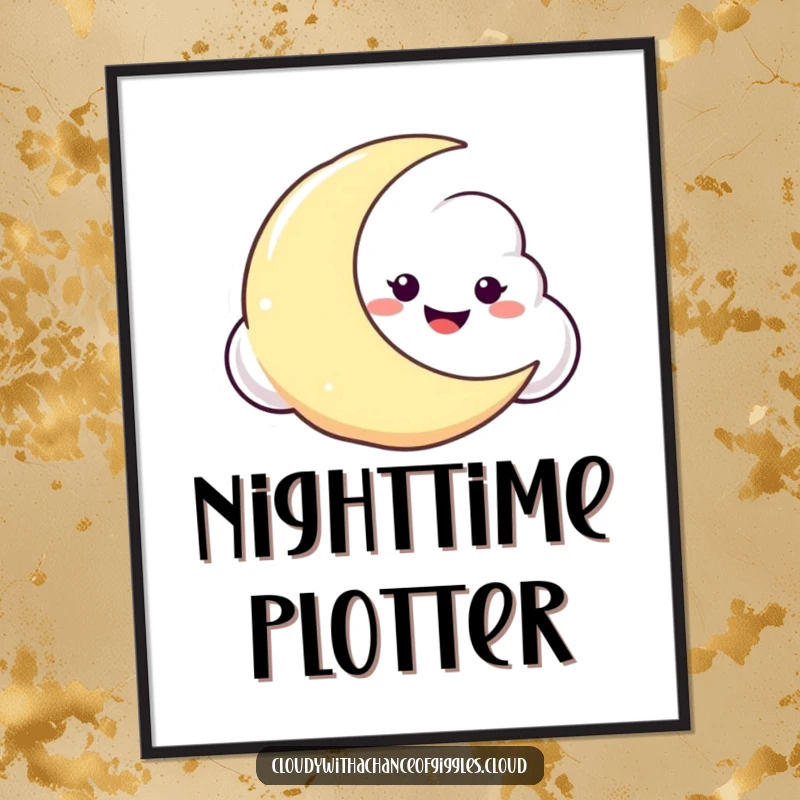 Funny digital art print of a mischievous cloud with a grin, peeking from behind a crescent moon, ideal for wall decor.