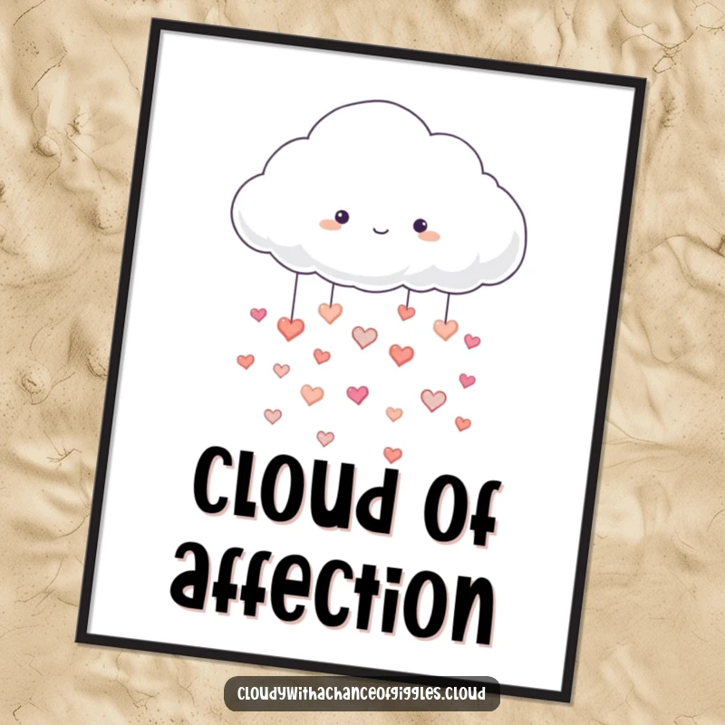 Funny digital art print of a fluffy white cloud raining small, happy hearts, perfect for creating a joyful and loving atmosphere, a funny gift.