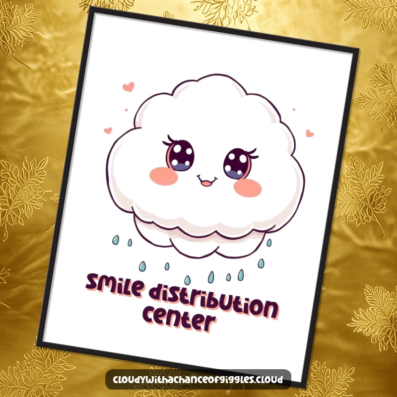 Funny Digital Art Print of a fluffy kawaii cloud character with wide eyes, playfully raining tiny smile icons.