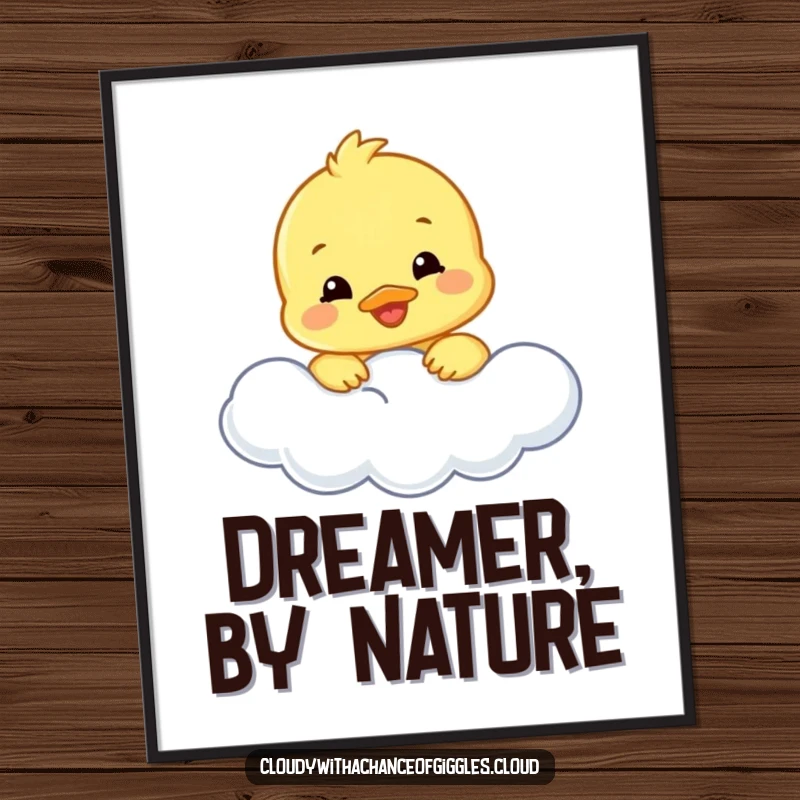 Funny duckling digital art print of a smiling duckling peeking from a cloud, perfect for instant whimsical wall decor.