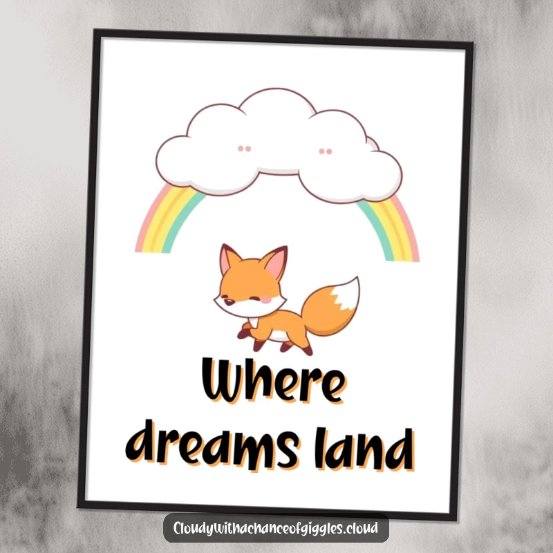 Funny fox digital art, a happy fox chasing a rainbow from a fluffy cloud, downloadable artwork for instant magic.