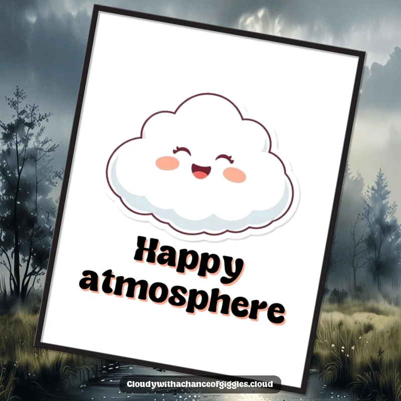 Funny happy cloud character giggling while floating on a gentle breeze, a digital art print for instant decor.
