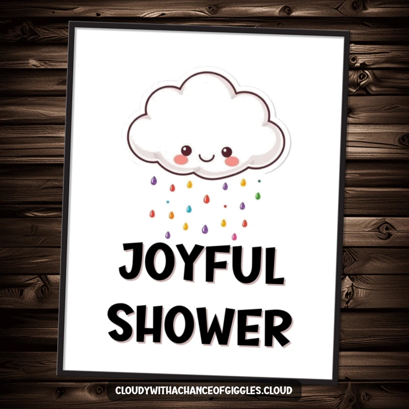 Funny cloud digital art print, a small fluffy cloud with a happy face raining tiny colorful raindrops, creating a joyful scene.