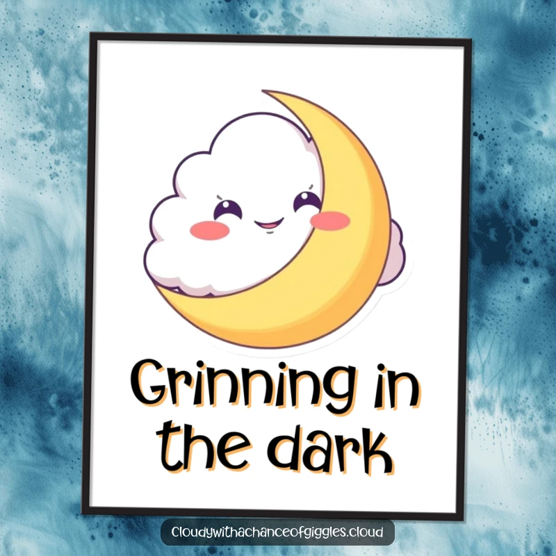 Funny Digital Art: A mischievous cloud grins from behind a crescent moon, offering instant downloadable humor and playful decor.