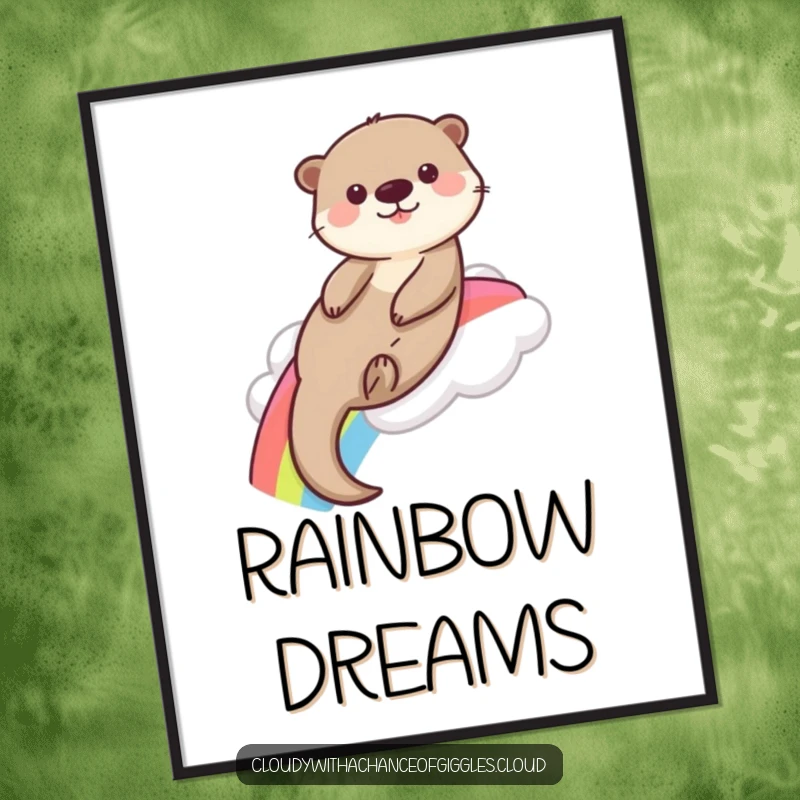 Funny playful otter slides down a rainbow from a fluffy cloud, rendered as a vibrant and amusing digital art print.