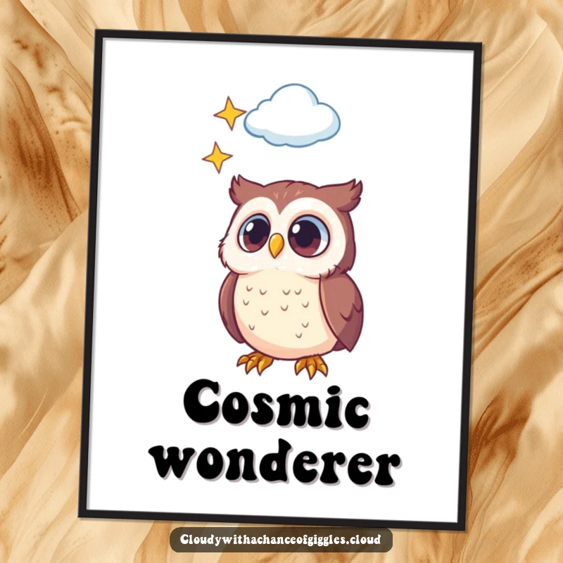 Funny digital art print of a little owl with curious eyes gazing at a star-filled cloud, perfect for whimsical home decor.