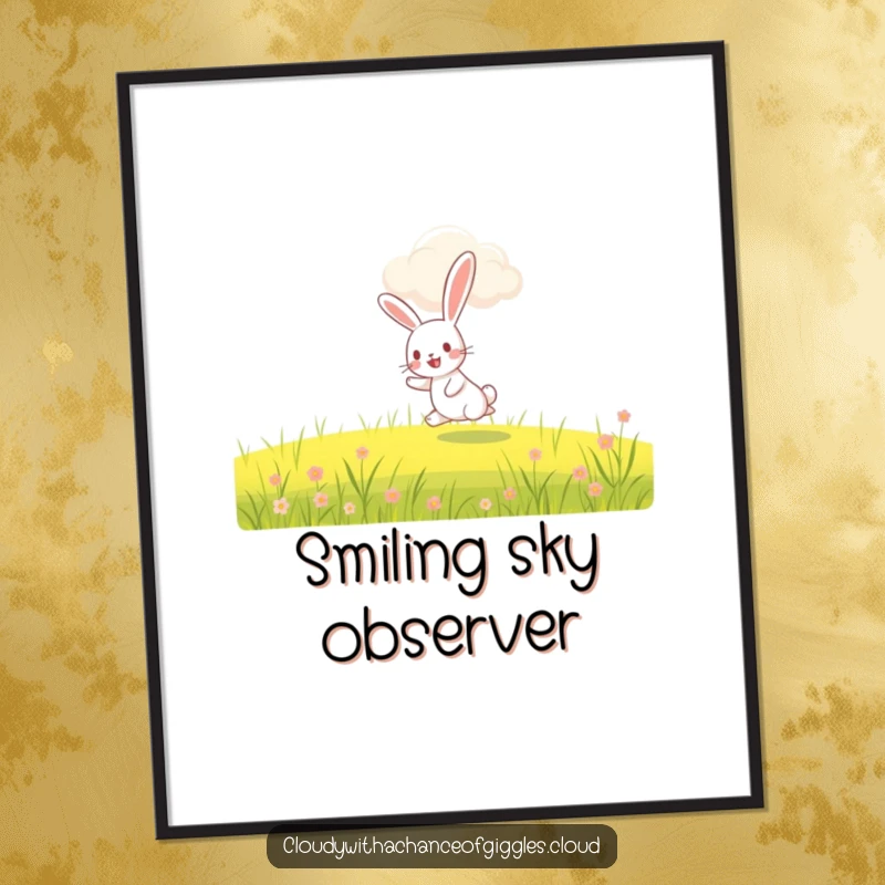 Funny rabbit digital art, a happy rabbit hopping under a whimsical smiling cloud, downloadable artwork for instant cheer.