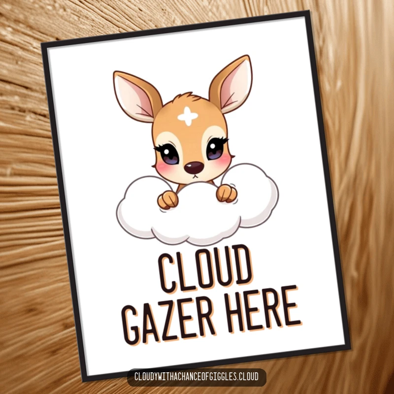 Funny digital art print of a shy deer with wide eyes peeking from behind a soft cloud, evoking peace and innocence.