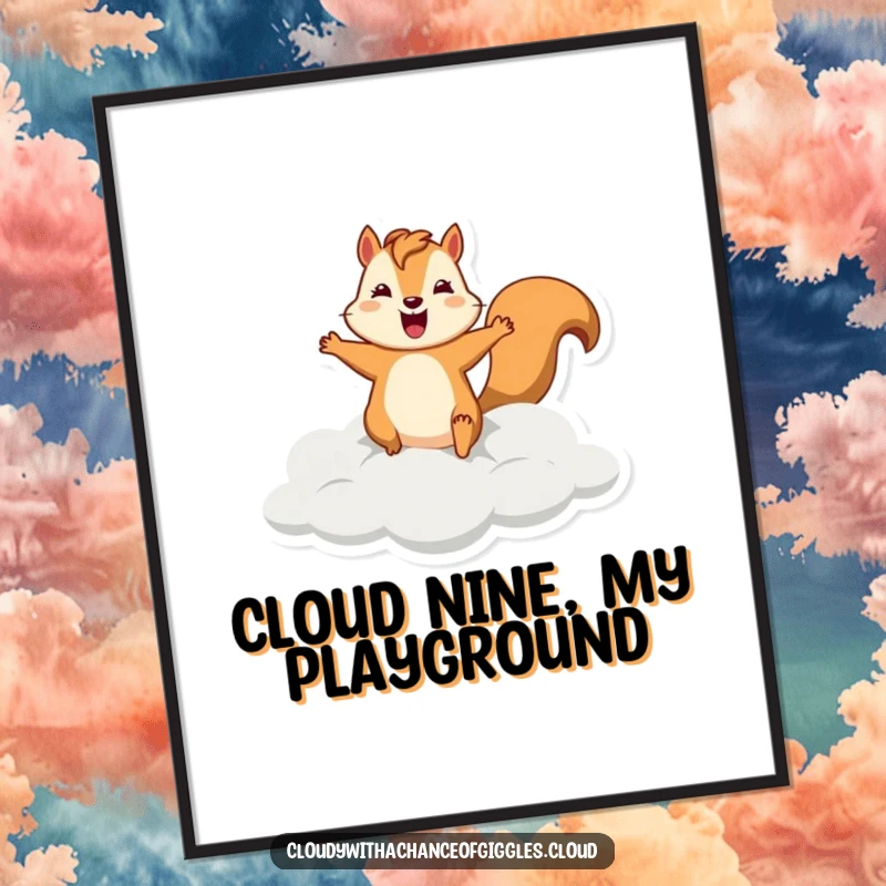 Funny squirrel digital art print of a silly squirrel leaping from a cloud, perfect for instant playful wall decor.