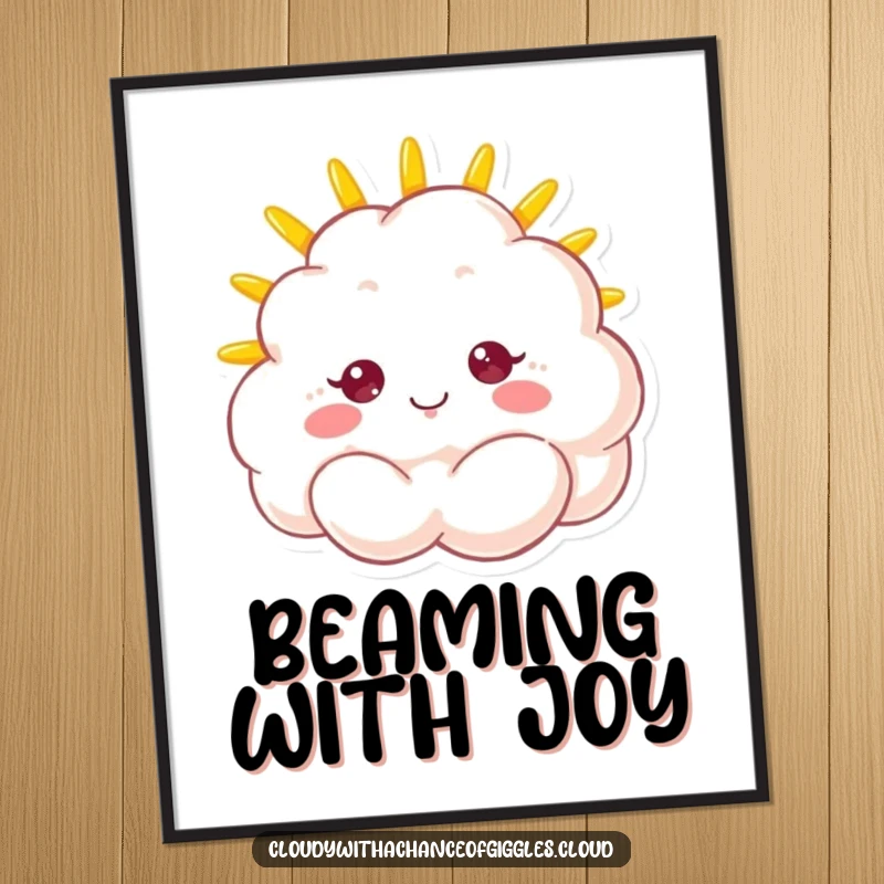 Funny digital art print of a fluffy cloud character with a beaming sunshine face, perfect for adding cheerful and bright wall decor.