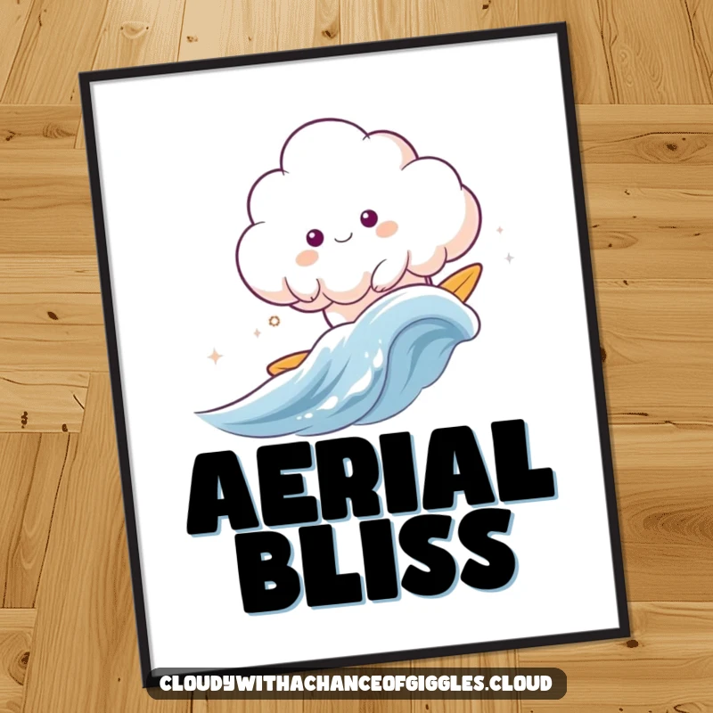 Funny cloud animal happily surfing a gentle wave of wind, a digital art print for instant decor.