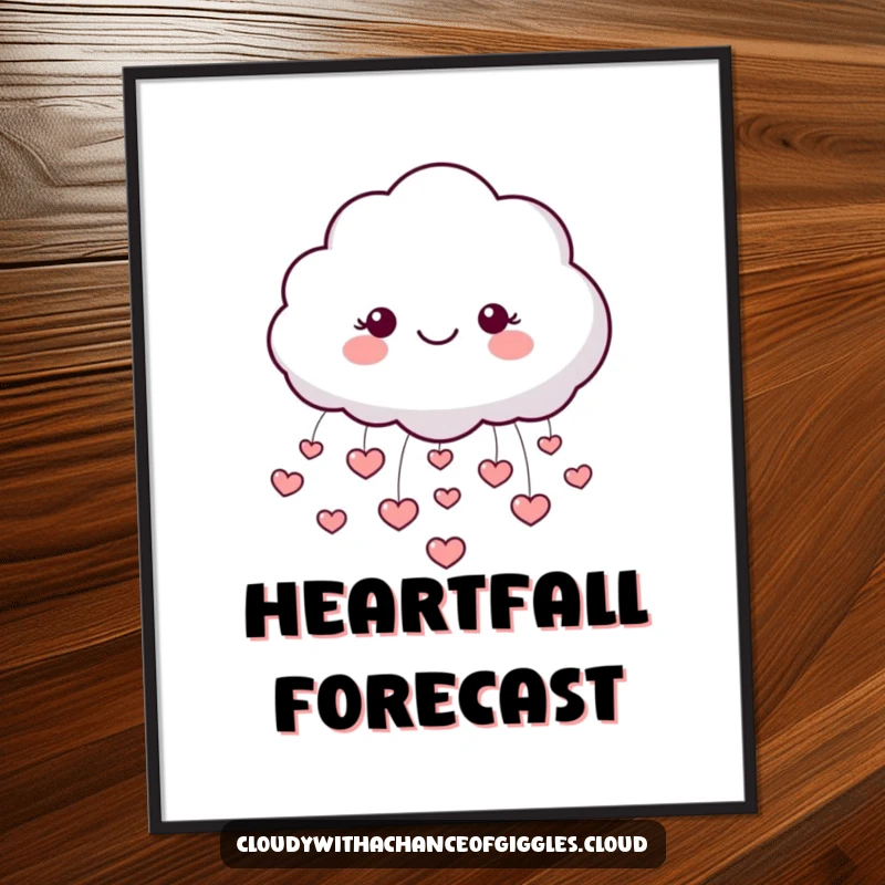 Funny digital art print of a joyful, smiling cloud character raining a cascade of tiny, loving hearts.
