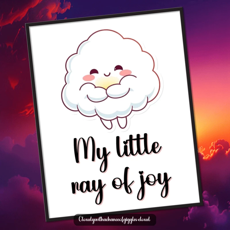Funny Cloud Sunbeam Hug Digital Art Print: A cheerful cloud character hugging a tiny, glowing sunbeam, creating a warm and inviting atmosphere.