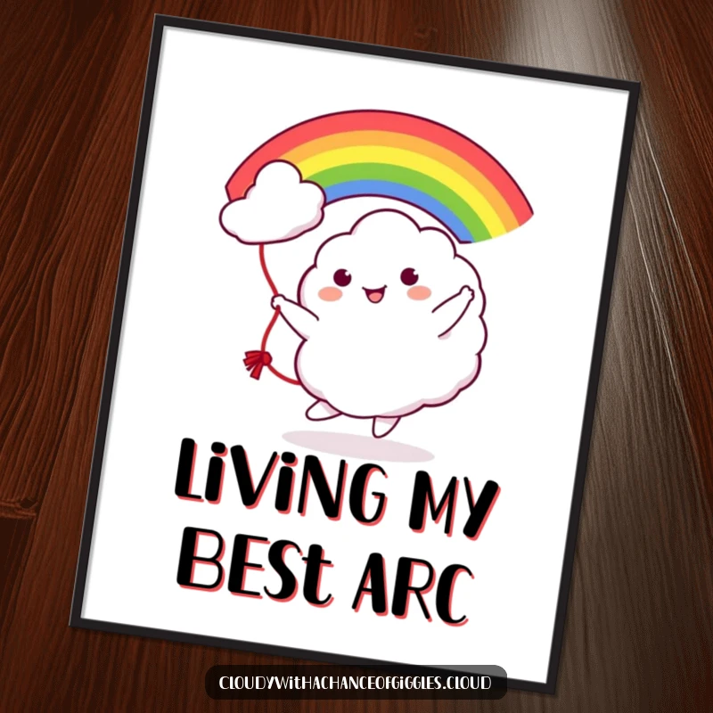 Funny Cloud Rainbow Jump Rope Digital Art Print: A whimsical illustration of a cute cloud joyfully tossing a vibrant rainbow, symbolizing fun.