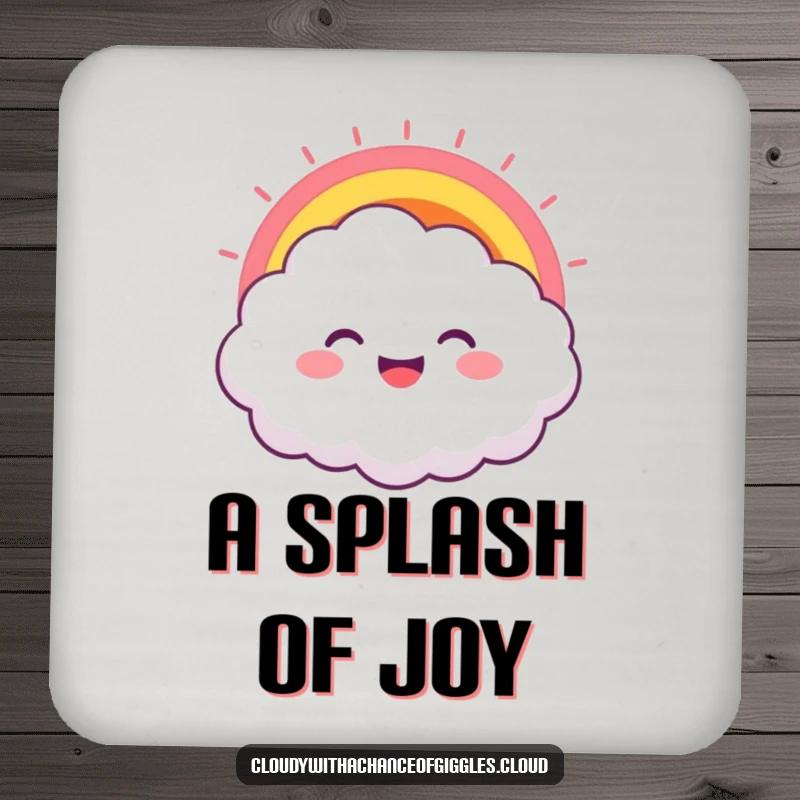 Funny drink coaster showing a happy cloud character with a rainbow bursting from its joyful grin, protecting surfaces with humor.