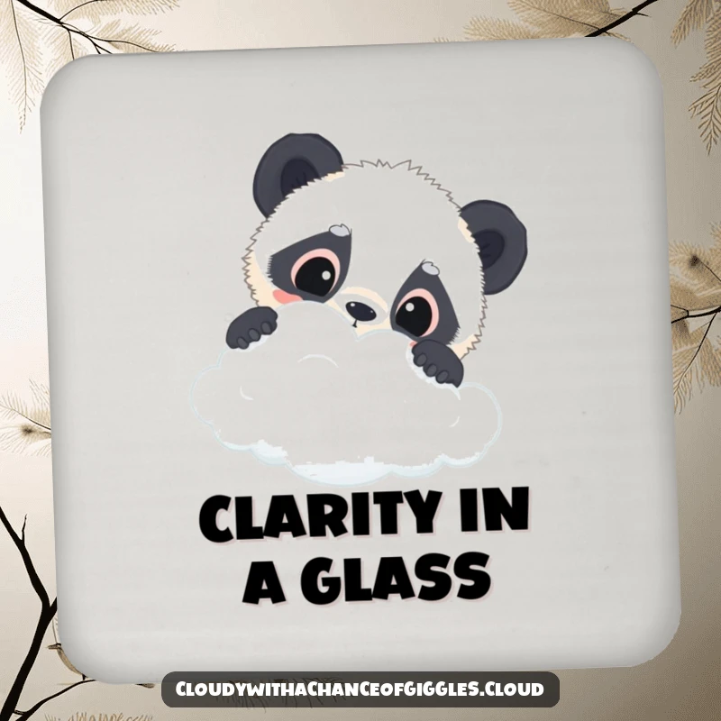 Funny panda cub coaster with a curious panda cub peeking over a cloud, offering protection and adorable humorous flair.