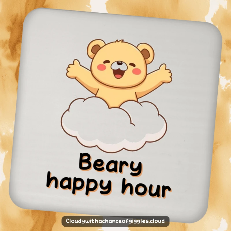 Funny bear cub joyfully riding a fluffy cloud with arms outstretched, a whimsical and humorous drink coaster designed to protect surfaces with delight.
