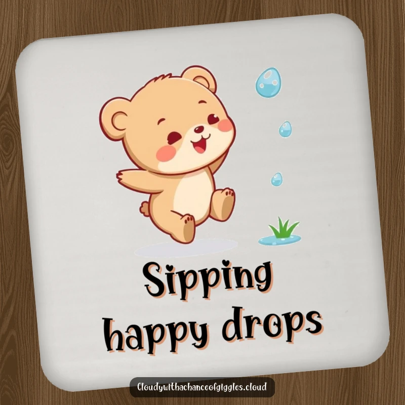 Funny Bear Cub Coaster: A joyful bear cub leaping to catch a raindrop, offering humorous surface protection.