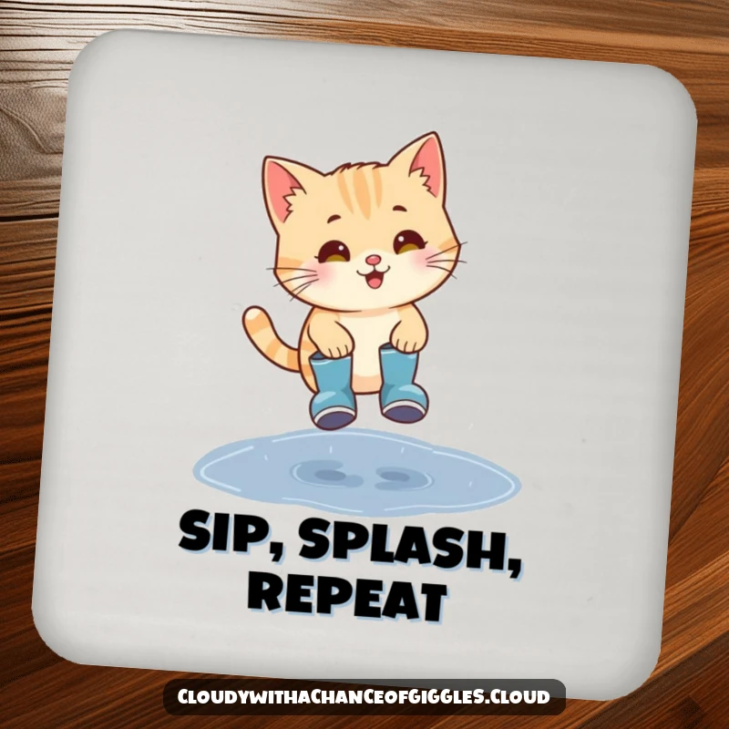 Funny cat wearing tiny rain boots, jumping over a puddle, a set of humorous coasters.