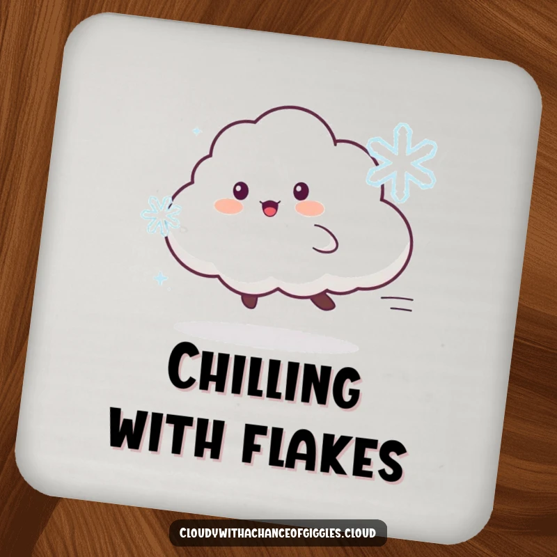 Funny drink coaster with a playful cloud animal character chasing a dancing snowflake, protecting tables with charm.