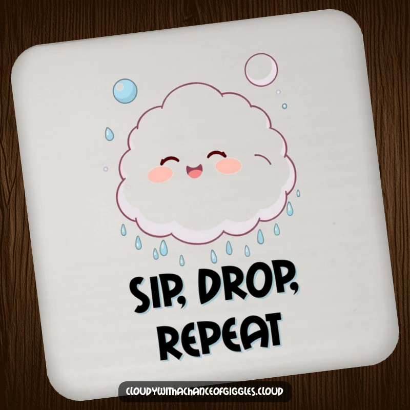 Funny, fluffy cloud child giggling and bouncing a soft, puffy raindrop like a ball on a protective drink coaster.