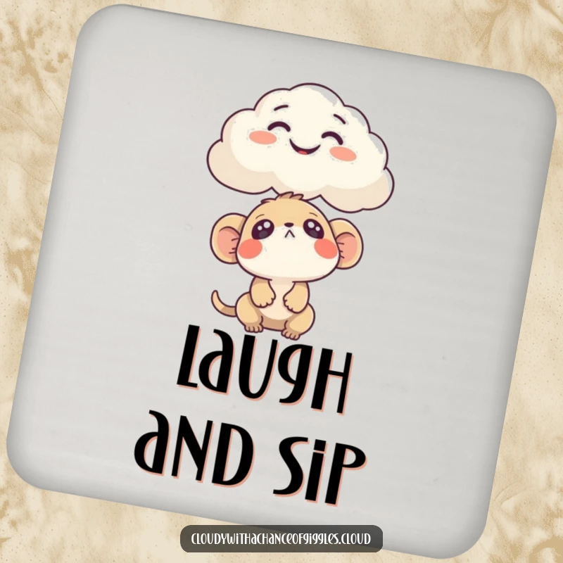 Funny Drink Coaster featuring a curious creature looking up at a cloud humorously shaped like a funny face. Protects surfaces with humor.