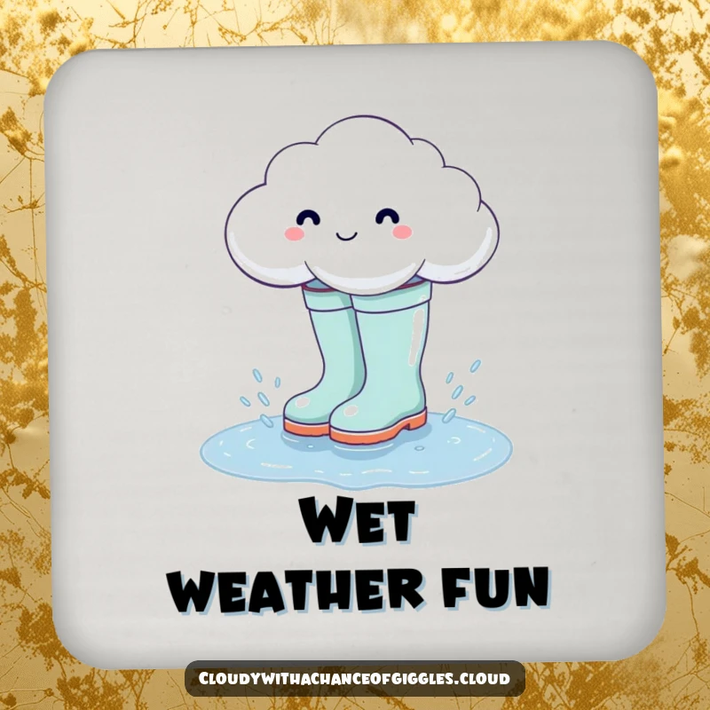 Funny cloud in oversized rain boots splashing in a puddle, a small, humorous drink coaster.