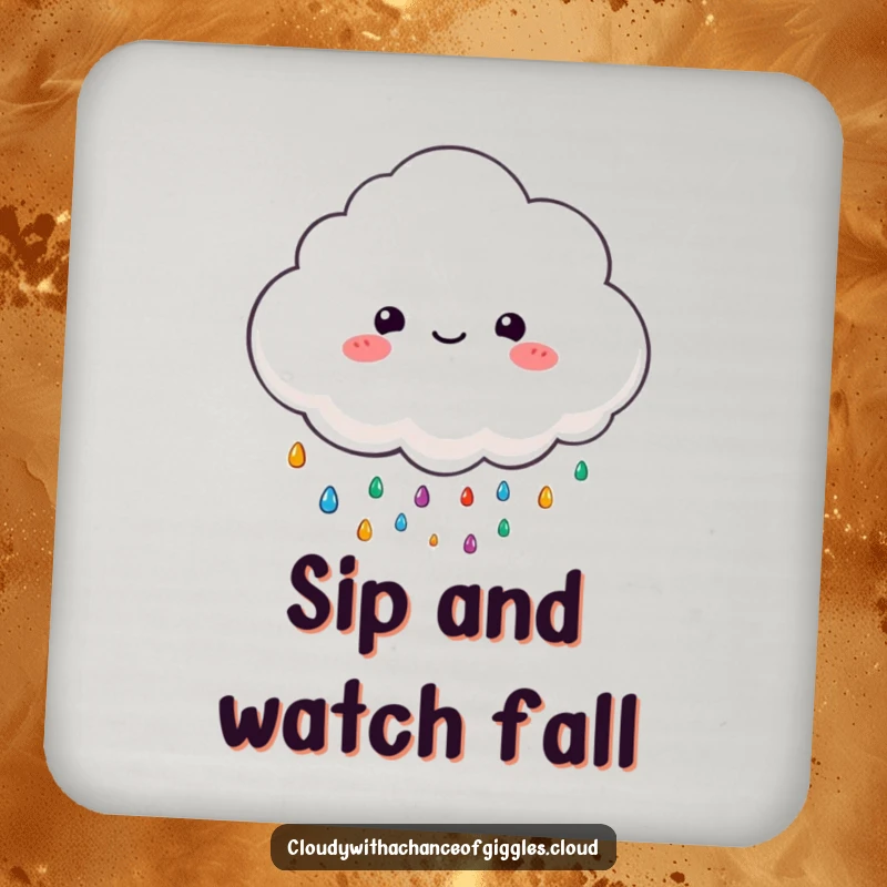 Funny drink coaster with a fluffy cloud character happily raining colorful, tiny raindrops, adding cheer to any surface.