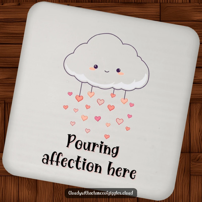 Funny drink coaster with a fluffy white cloud raining tiny, happy hearts, adding a loving and humorous touch to any surface, a funny gift.