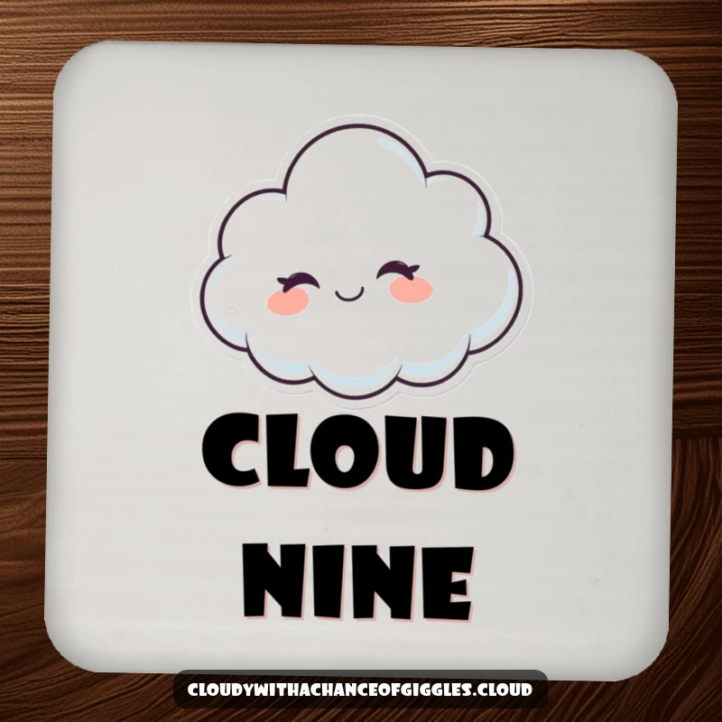 Funny whimsical cloud character winking with a friendly smile, a small and humorous drink coaster.