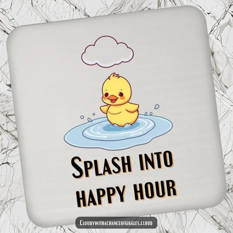 Funny Duckling Puddle Splash Coaster, showing a happy duckling splashing in a puddle under a cloud, protecting surfaces.