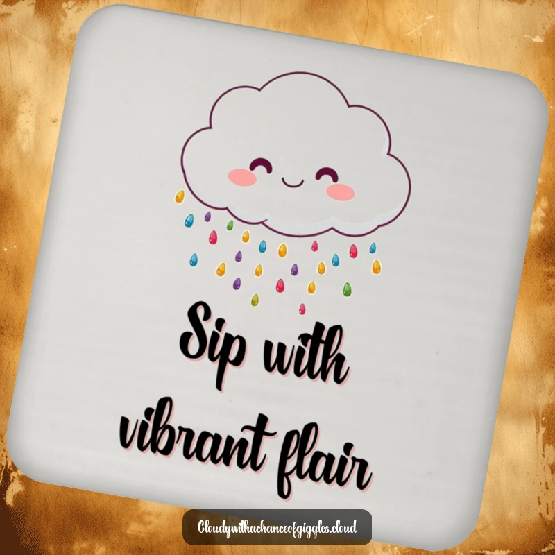 Funny fluffy cloud raining colorful tiny raindrops, a set of humorous drink coasters.